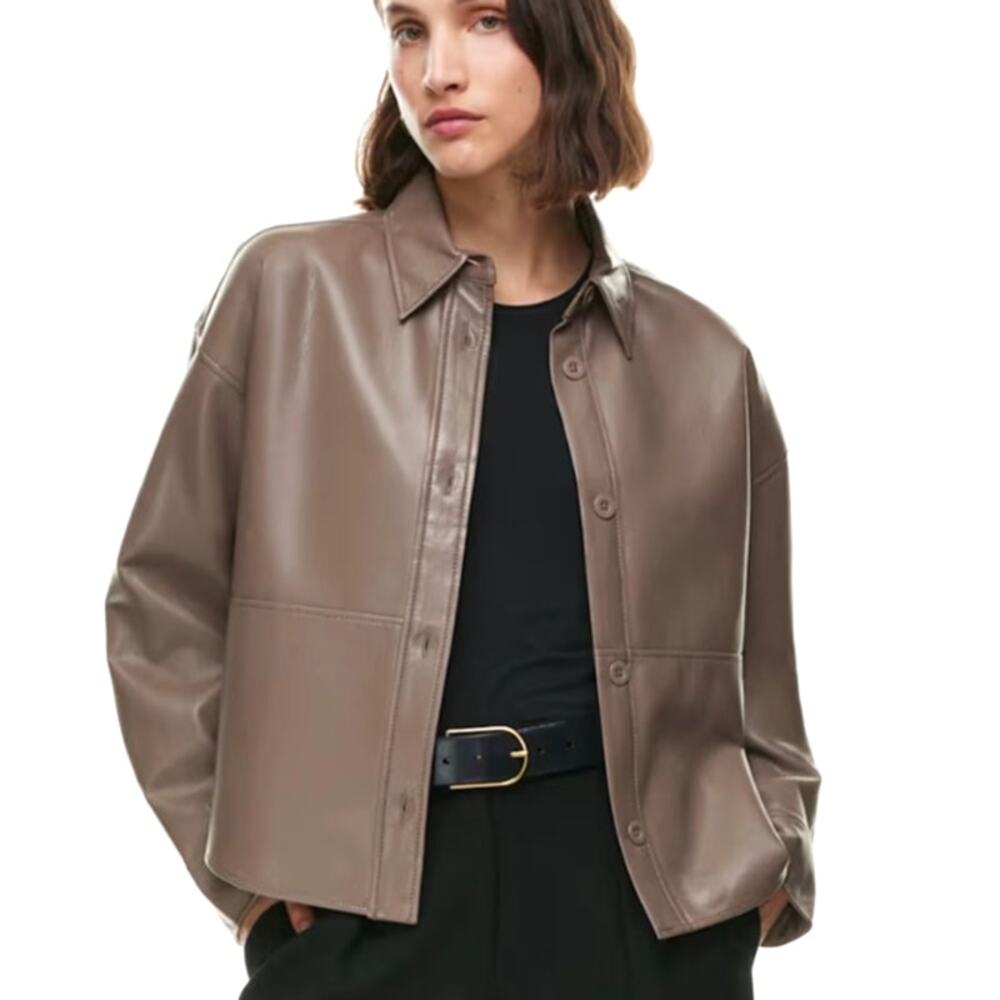 Aritzia Babaton Pelli Hip Shirt Jacket Medium Taupe Vegan Faux Leather Shacket